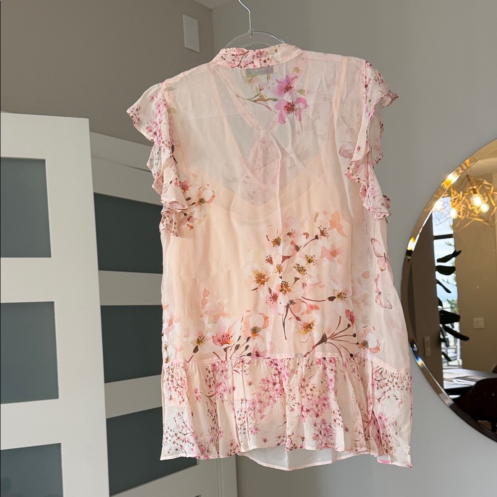 Twin-Set Pink Floral Tie-Neck Cap Sleeve Blouse - Picture 10 of 13